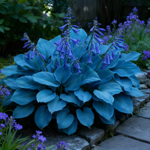 Generic Hosta seeds attract pollinators around lavender flowers in shade.
