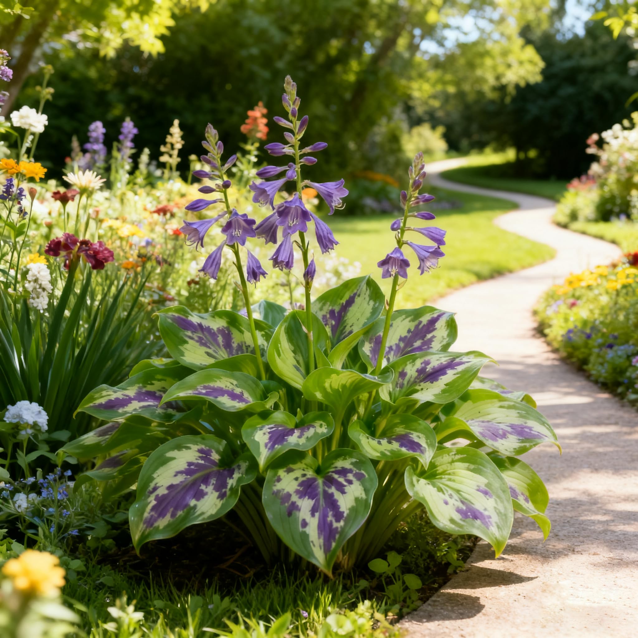 Generic Hosta plants with summer blooms entice pollinators in shade.