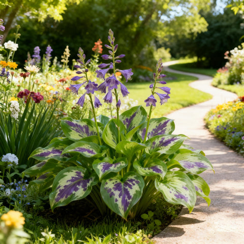Generic Hosta plants with summer blooms entice pollinators in shade.