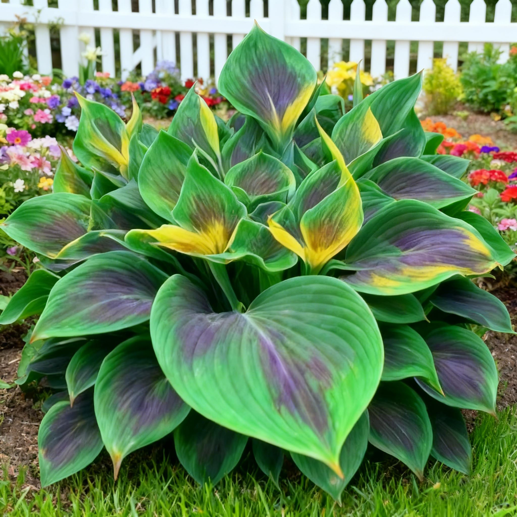 Generic hosta seeds variegated foliage red edges—striking color contrast in shade