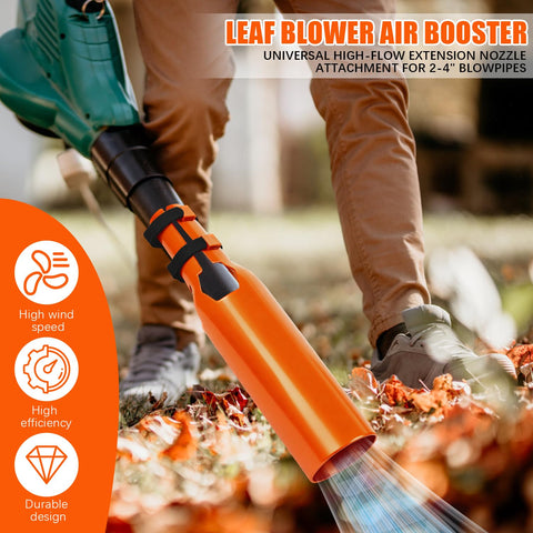 Generic Leaf Blower Air Booster attached to nozzle demonstrates quick upgrade in performance.