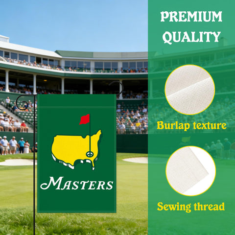 Generic Masters Green Golf Garden Flag hanging on patio for welcoming outdoor flair