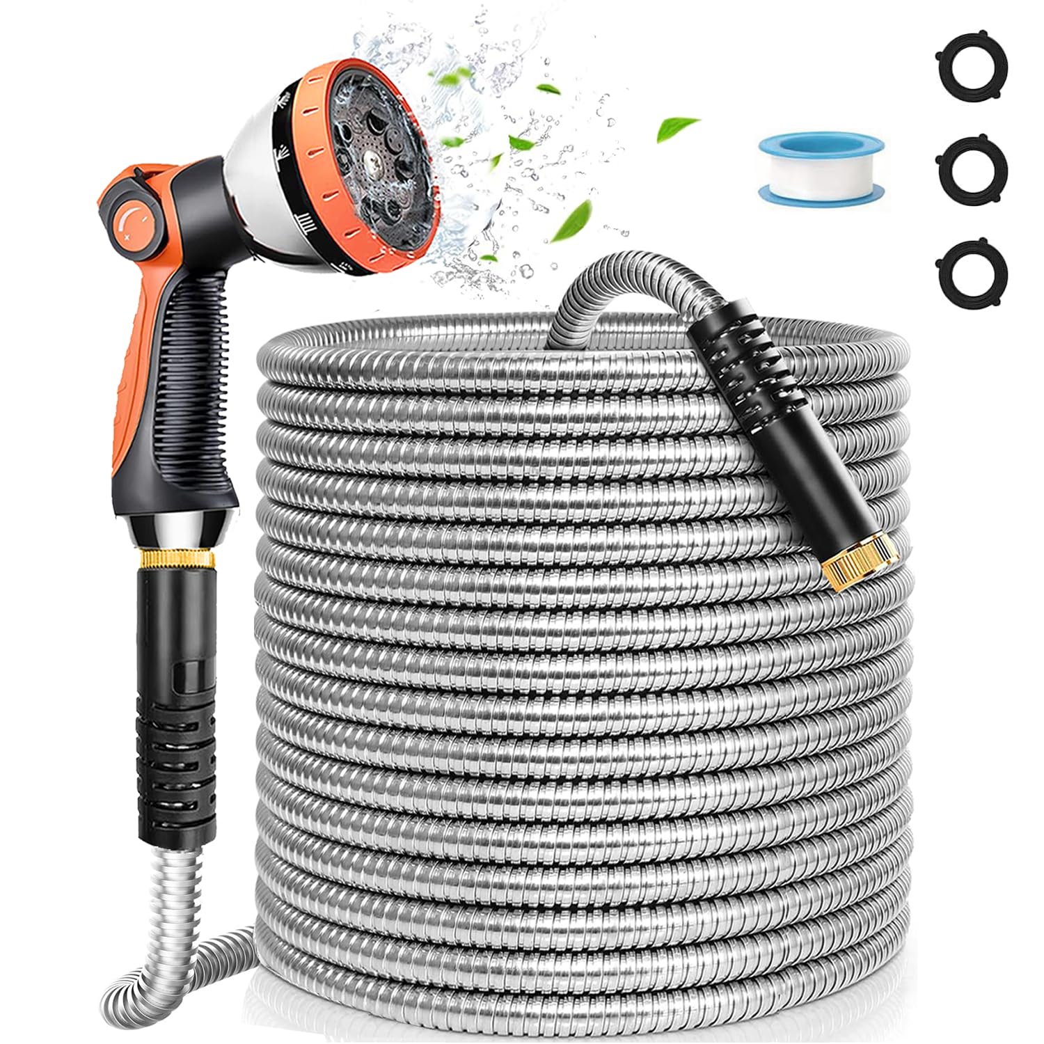 Generic Metal Garden Hose 100ft outer coil highlights durability and easy storage.