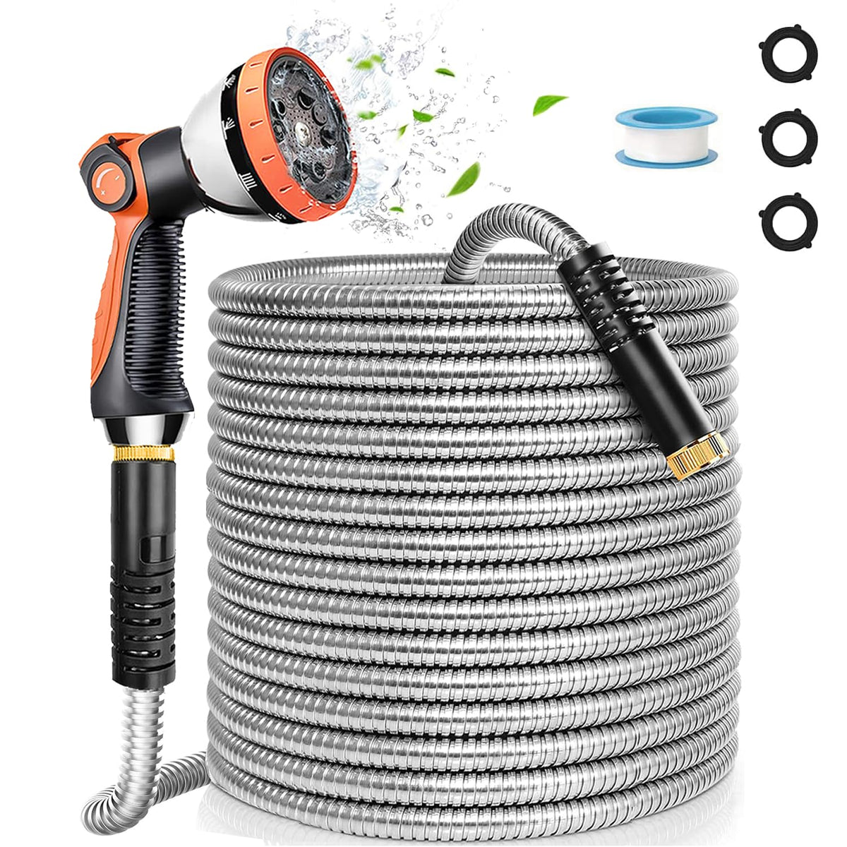 Generic Metal Garden Hose 100ft outer coil highlights durability and easy storage.