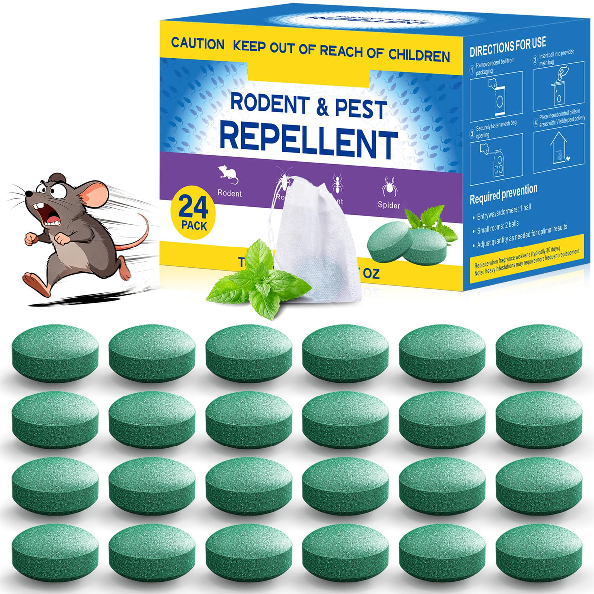 Generic Mouse Repellent Ball Pack-24 deters rodents without harming pets or children.