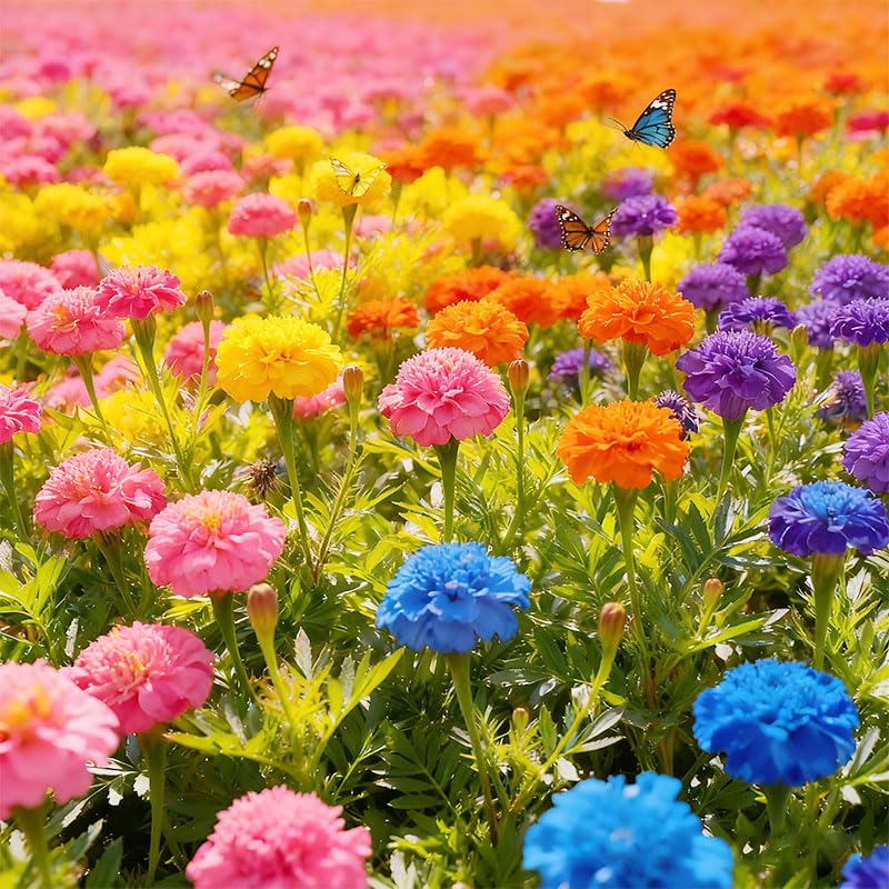 Generic non-GMO annual marigolds blooming in a border.