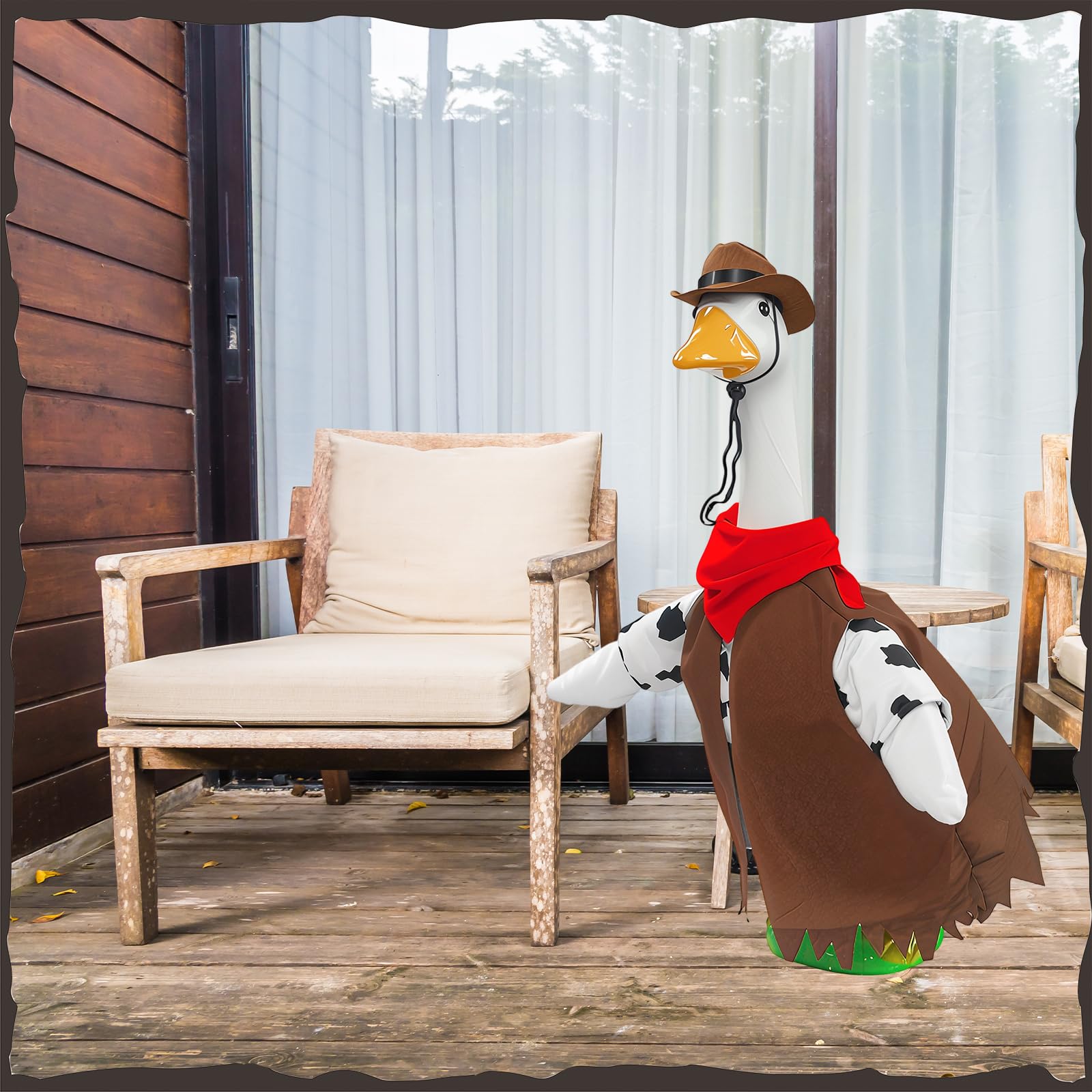 Generic outdoor display with goose outfits brightens garden decor.