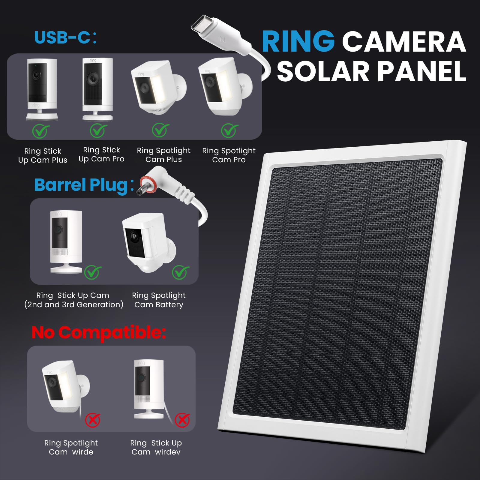 Generic Ring solar panel 8W USB-C connection for quick camera charging.