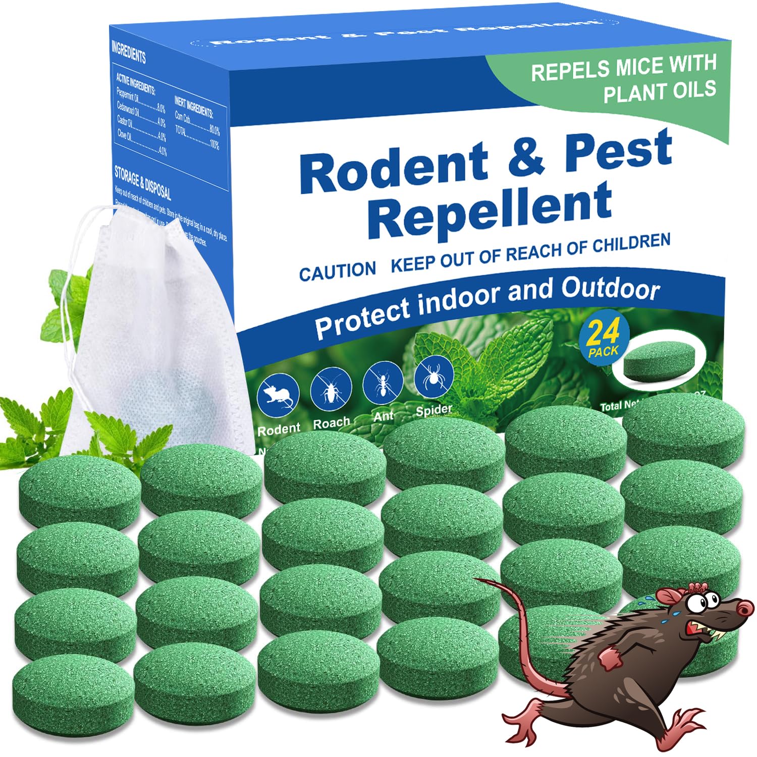 Generic Rodent Repellent packaging with usage guidance.