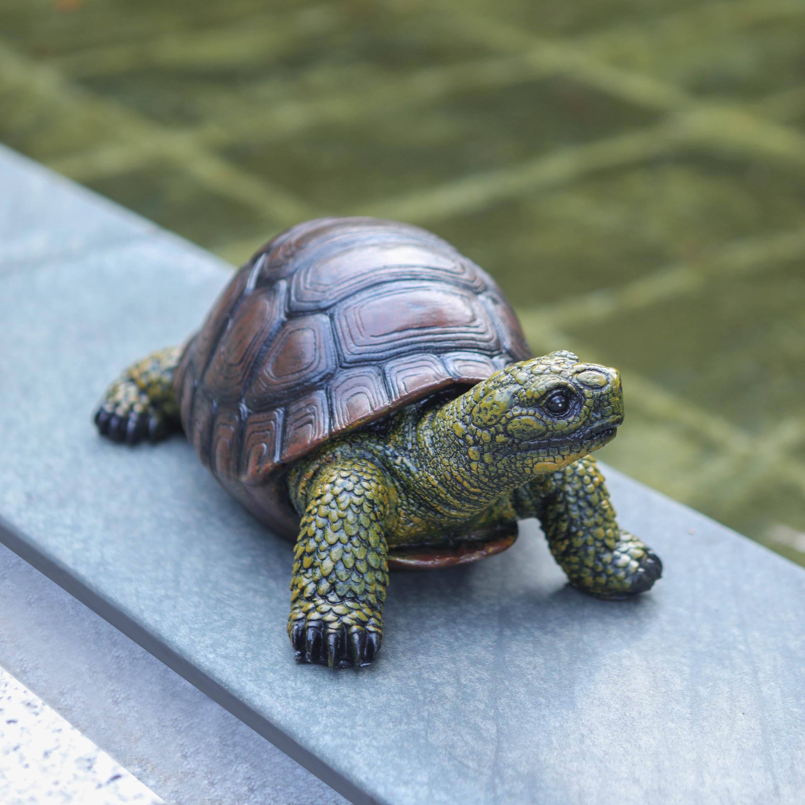 Generic sculpted resin turtle garden ornament brings whimsical outdoor appeal.