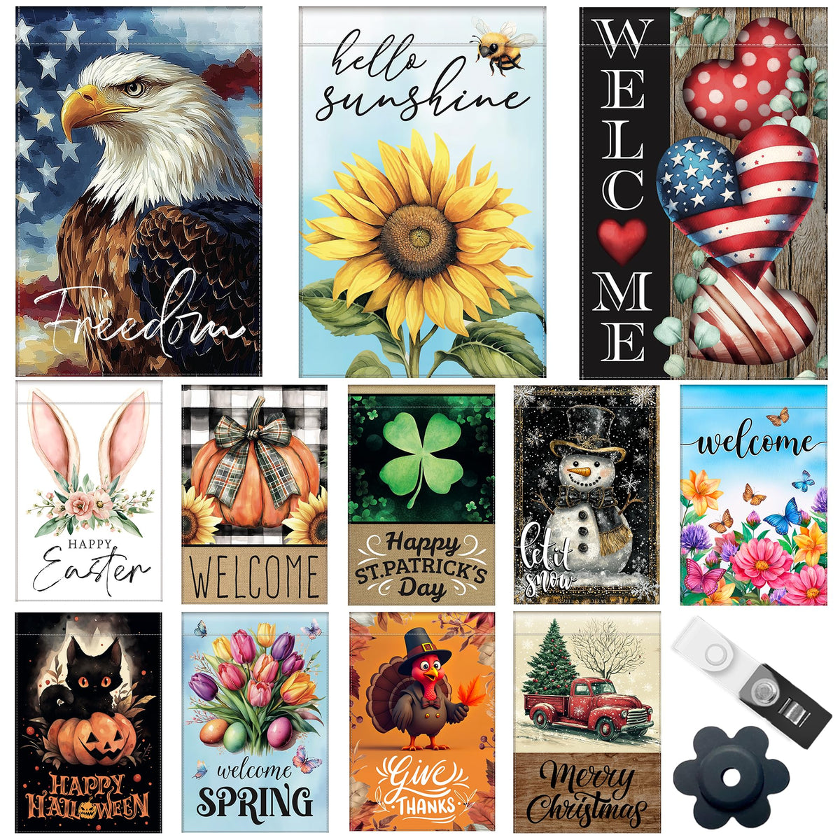 Generic Seasonal Garden Flags set, double-sided design boosts year-round curb appeal.