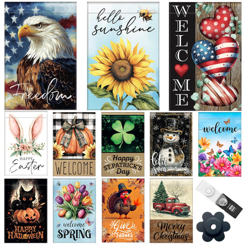 Generic Seasonal Garden Flags set, double-sided design boosts year-round curb appeal.