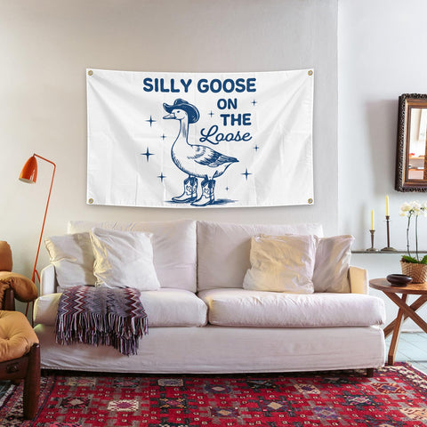 Generic Silly Goose Flag displayed on a wall adds humor to a room.