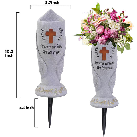 Generic solar cross light vase with removable stakes for dusk illumination.