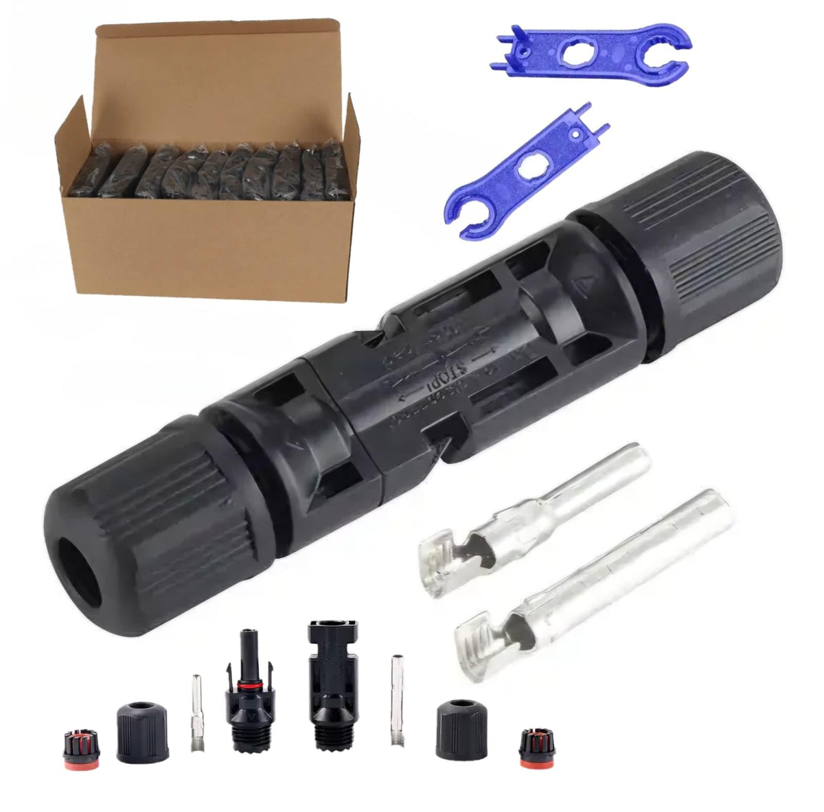 Generic Solar MC4 connectors in a 100-piece kit for durable, weatherproof solar setups.