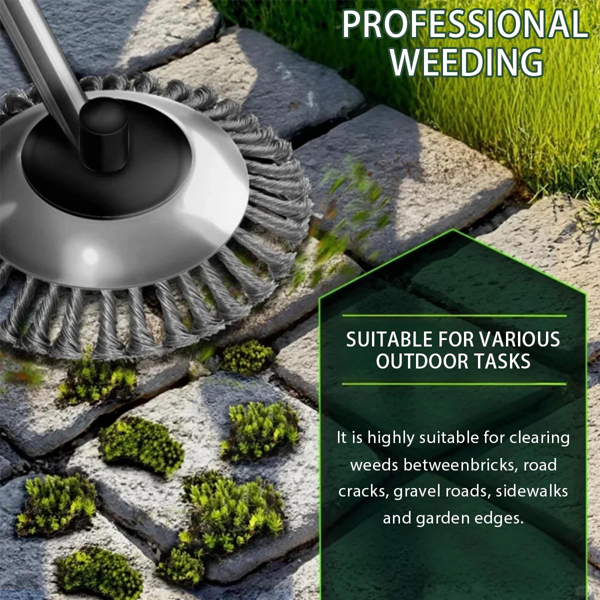 Generic steel wire trimmer head clearing edge between pavement and garden