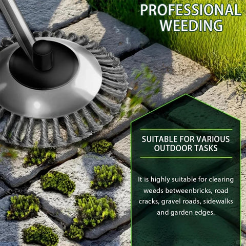 Generic steel wire trimmer head clearing edge between pavement and garden