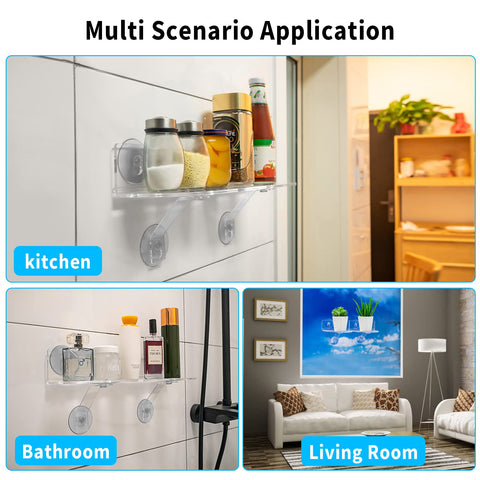 Generic suction cup system keeps the shelf firmly attached to glass or tiles.