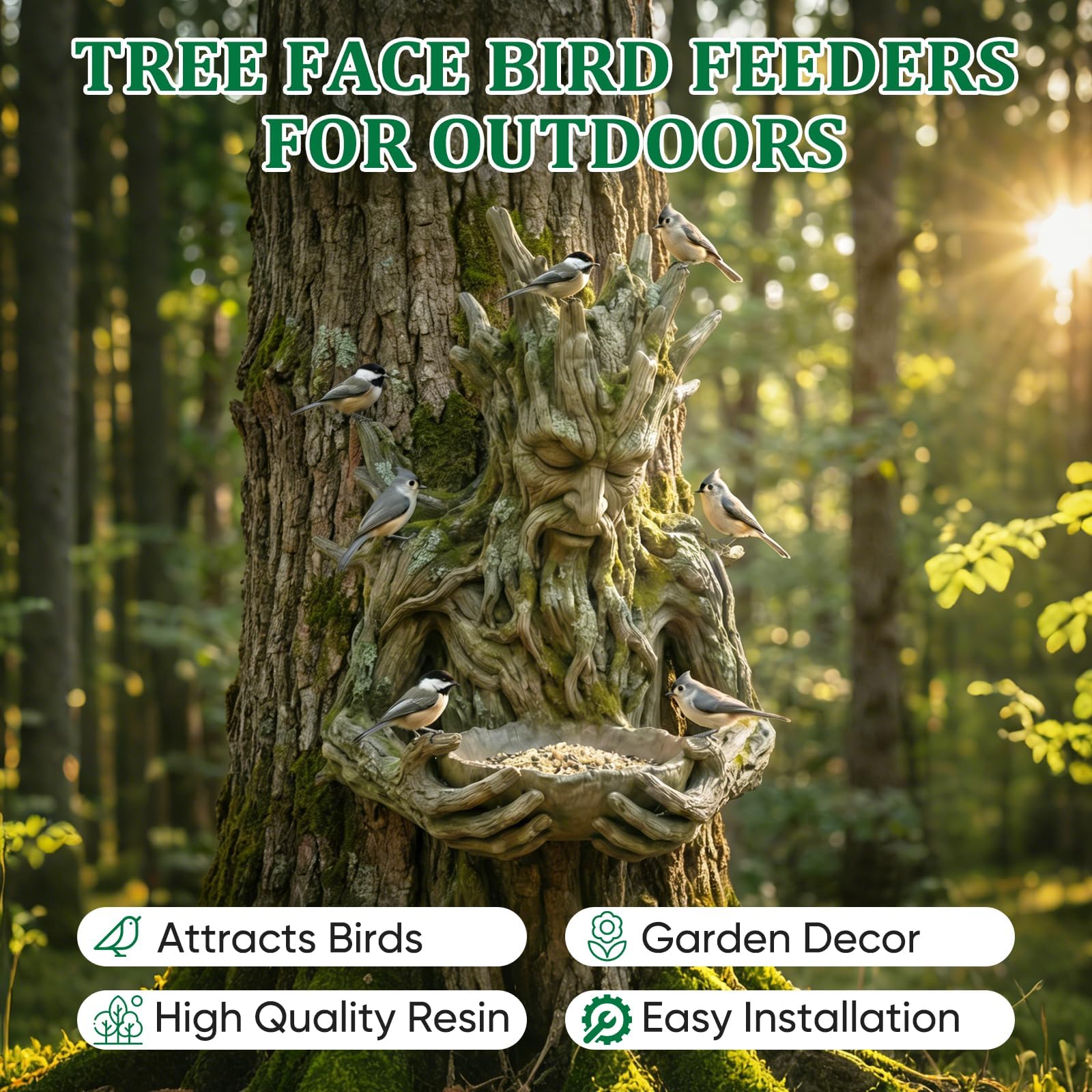 Generic Tree Face Bird Feeder resin construction withstands sun and rain for seasonal use.
