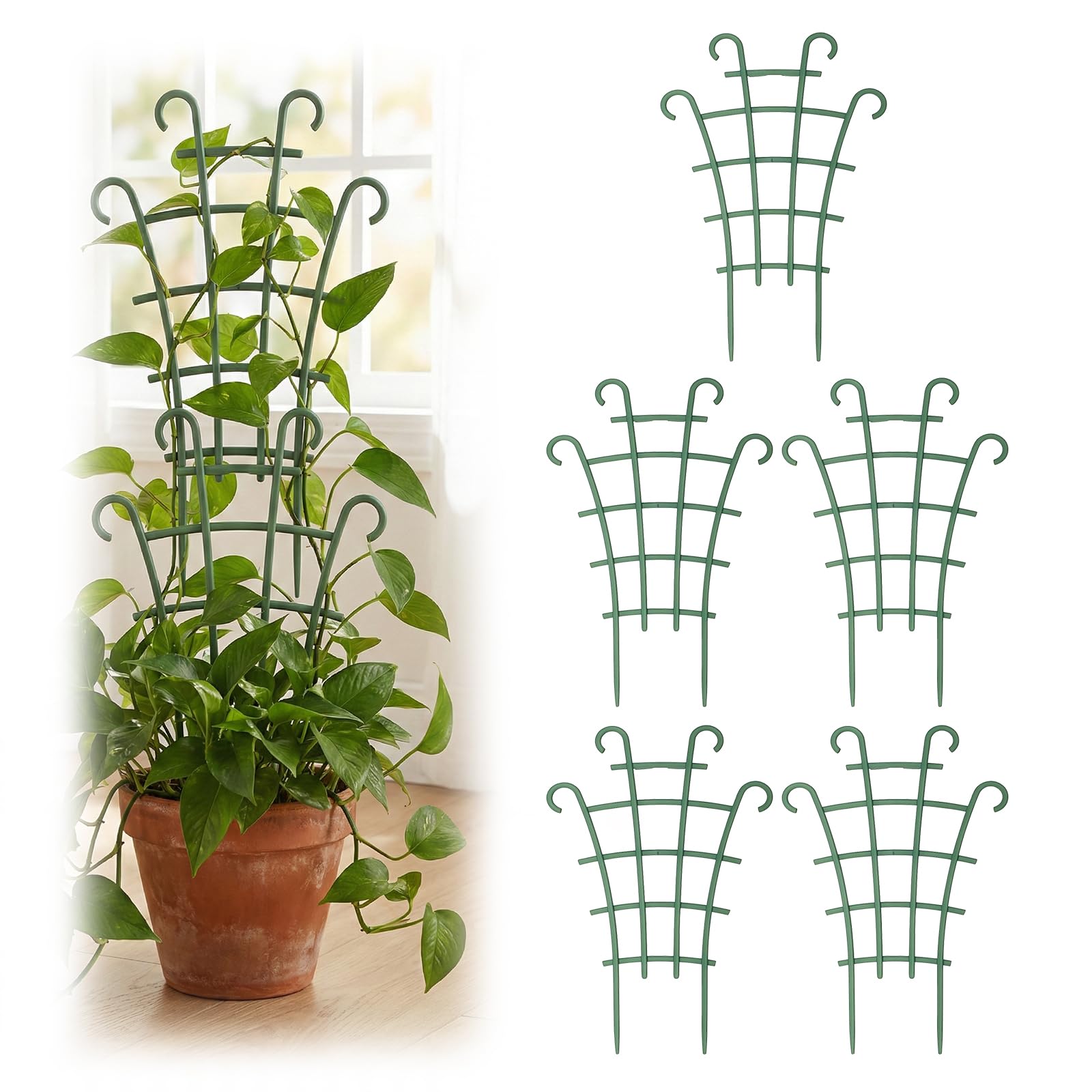 Generic trellis for potted plants with stackable design supporting trailing vines