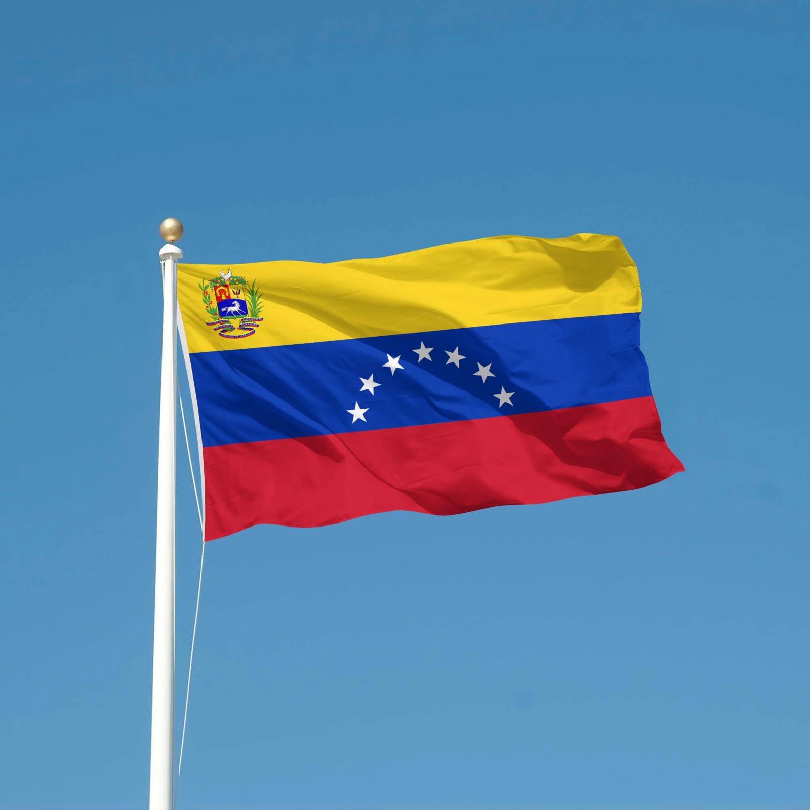 Generic Venezuela flag pole display suitable for outdoor use in gentle winds.