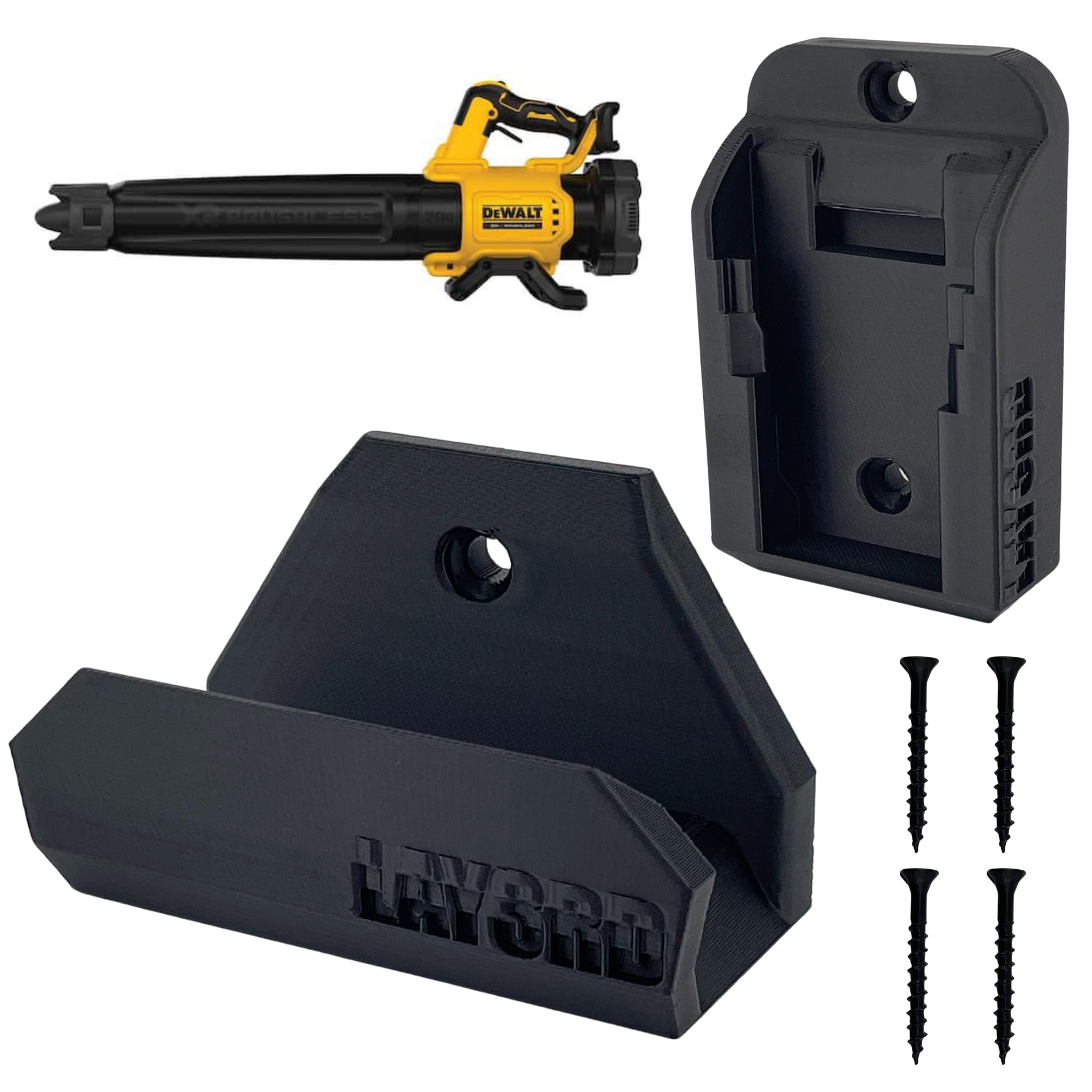 Generic wall mount for Dewalt 20V blower keeps the tool secure and within easy reach.