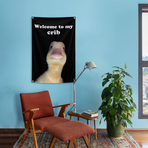 Generic Welcome to My Crib Flag enhances living room decor with bold colors.