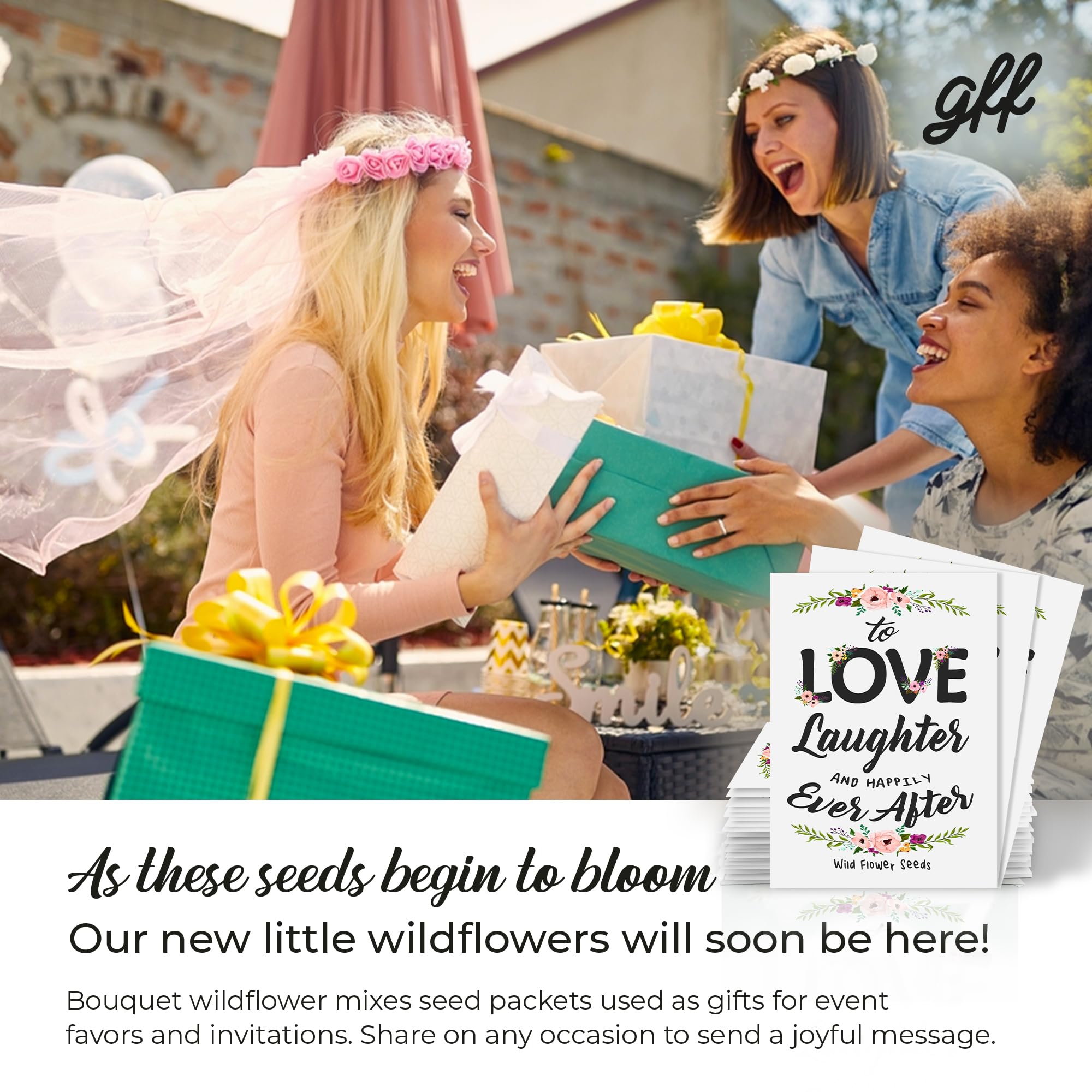 Generic wildflower seed packets packaging highlighting GMO free mix for pollinator friendly gardens.