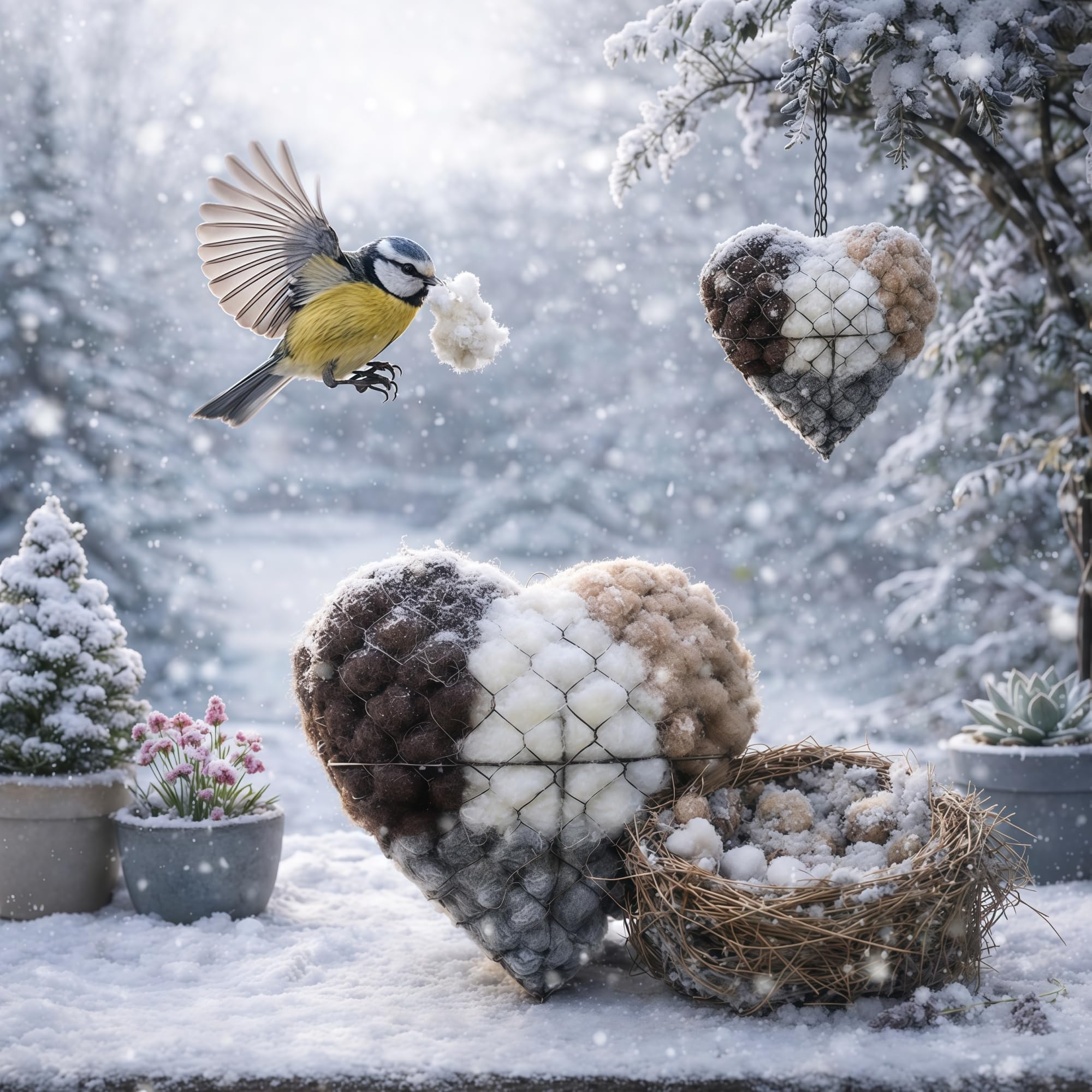 Wire-frame nest heart ensures ventilation while birds nest safely.