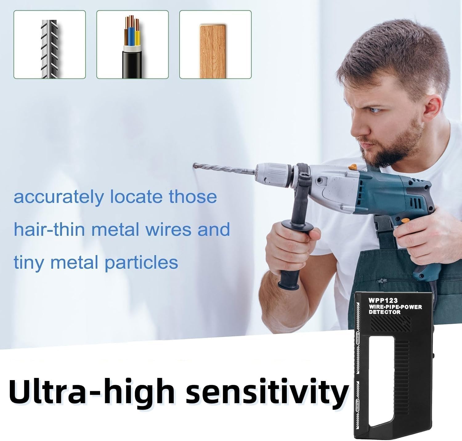 Generic WPP123 identifies metal pipes behind walls before cutting.
