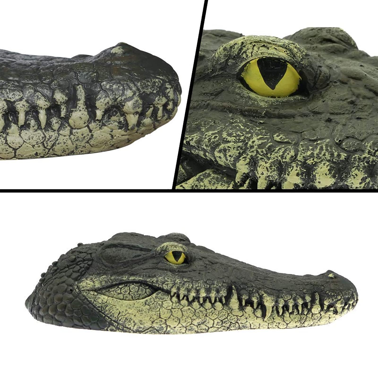 Geniff resin alligator head withstands outdoor conditions with varnish for longer life.