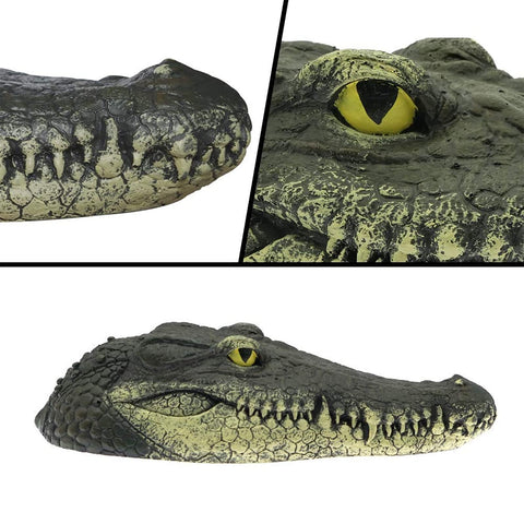 Geniff resin alligator head withstands outdoor conditions with varnish for longer life.