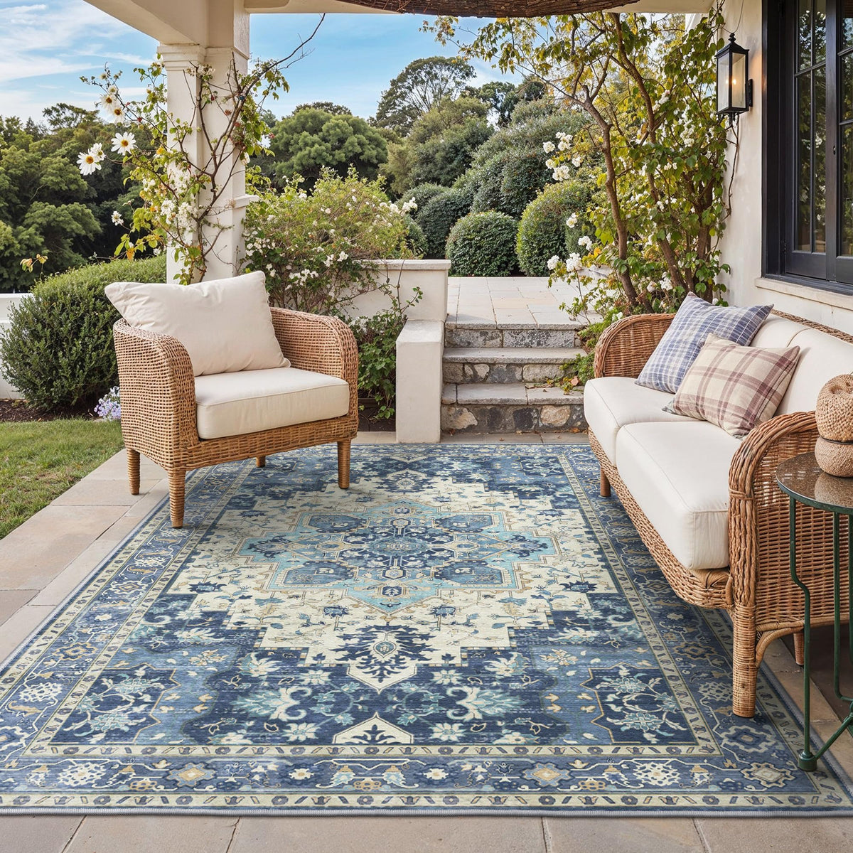 GENIMO 5x8 rug with boho pattern enhances indoor and outdoor living spaces.