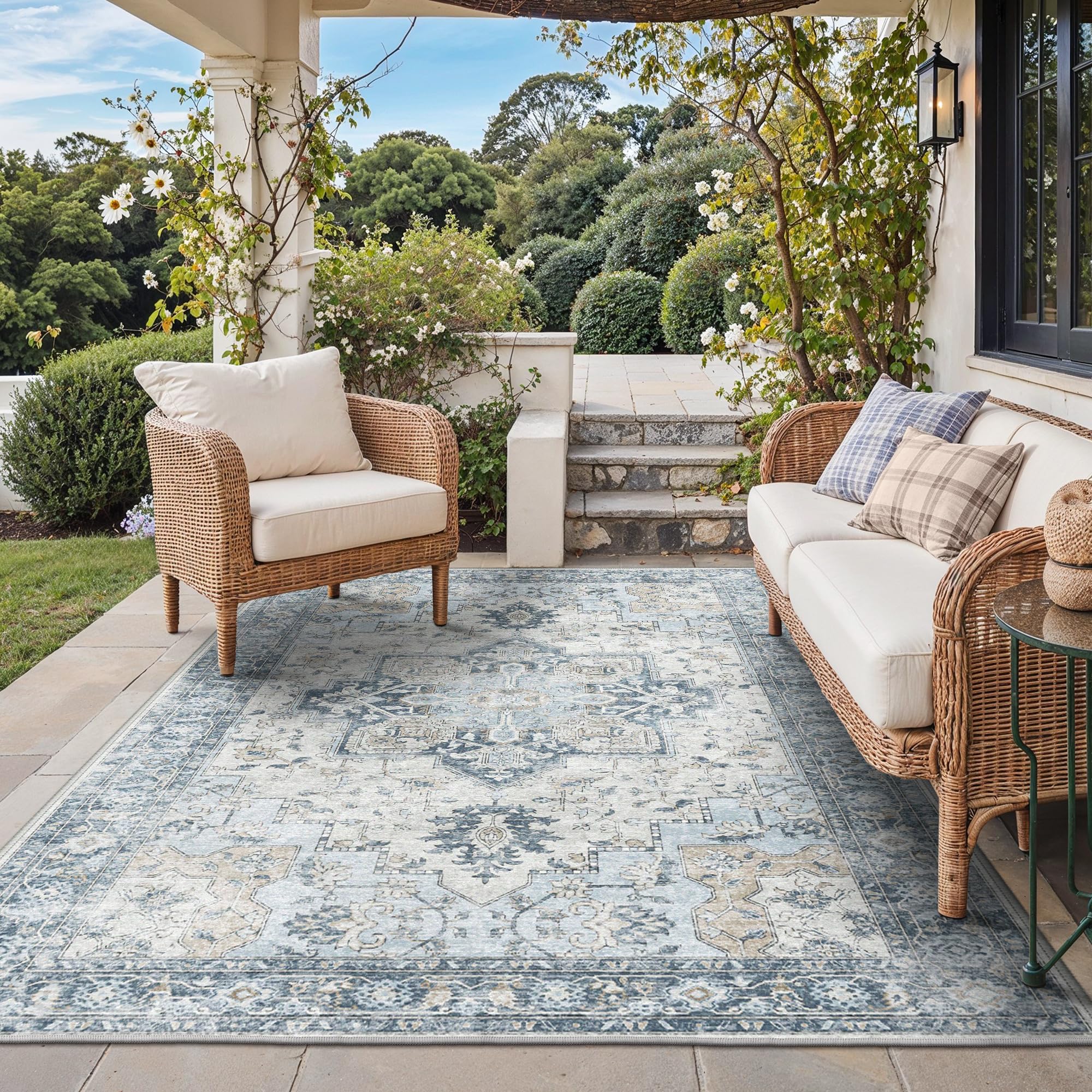 GENIMO blue boho rug 5x8 with plush chenille for cozy feel and easy care.