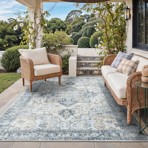 GENIMO boho rug 6x9 blue for versatile indoor-outdoor spaces.