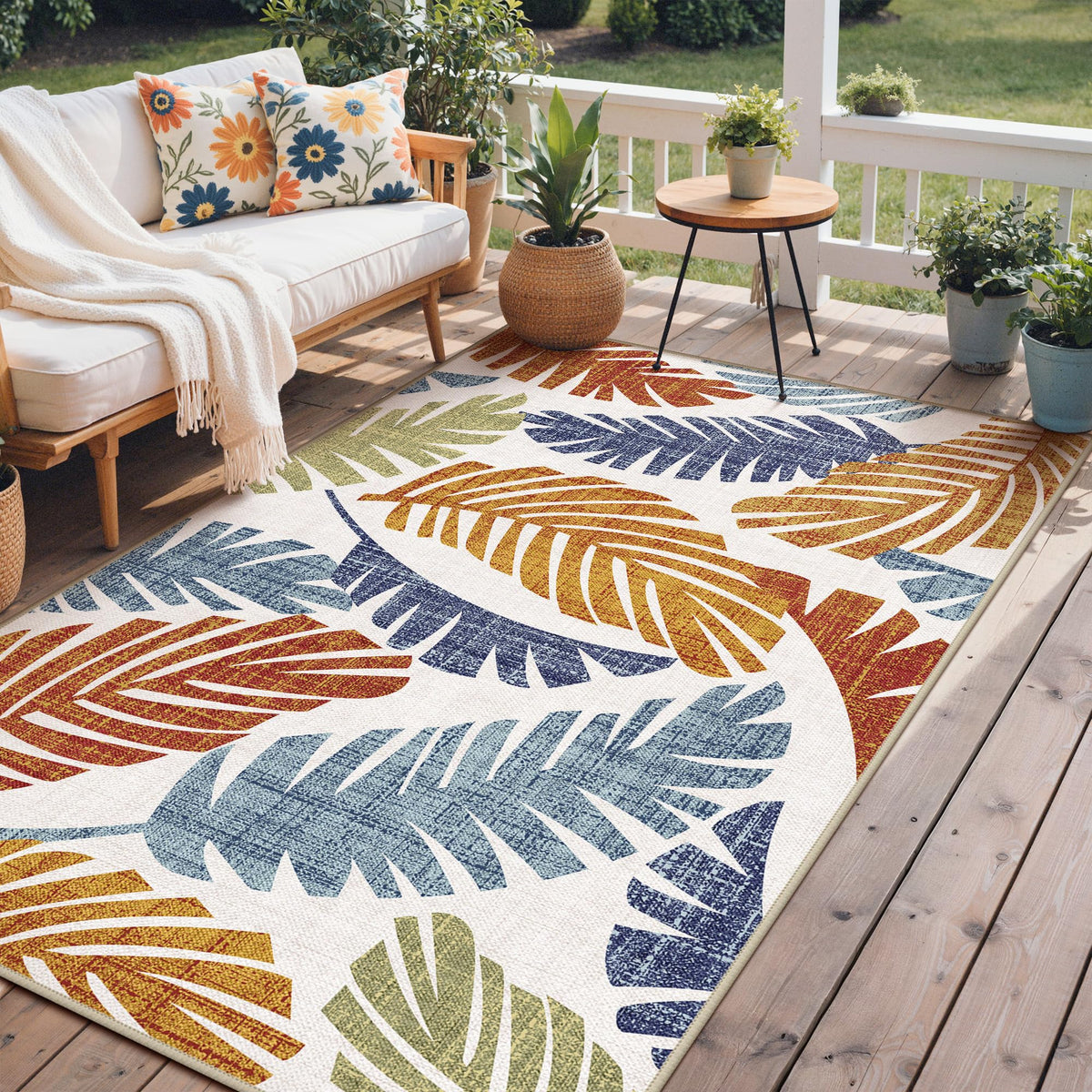 GENIMO leaf-pattern rug suitable for outdoor and indoor spaces with boho charm
