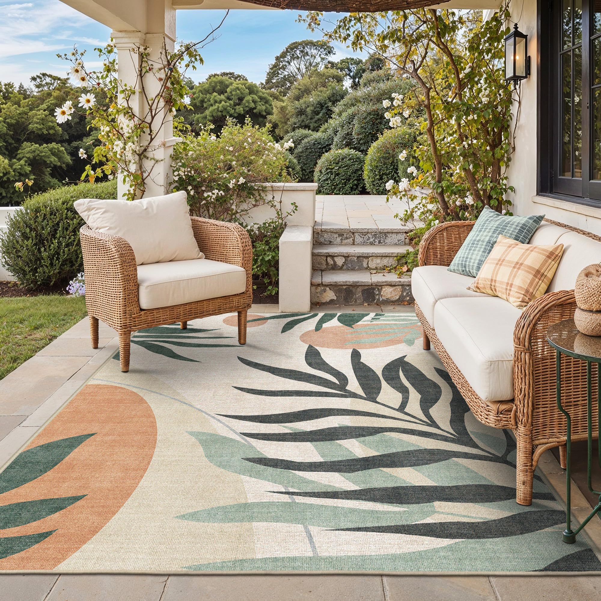 GENIMO leaf-pattern rug for indoor and outdoor spaces with boho style