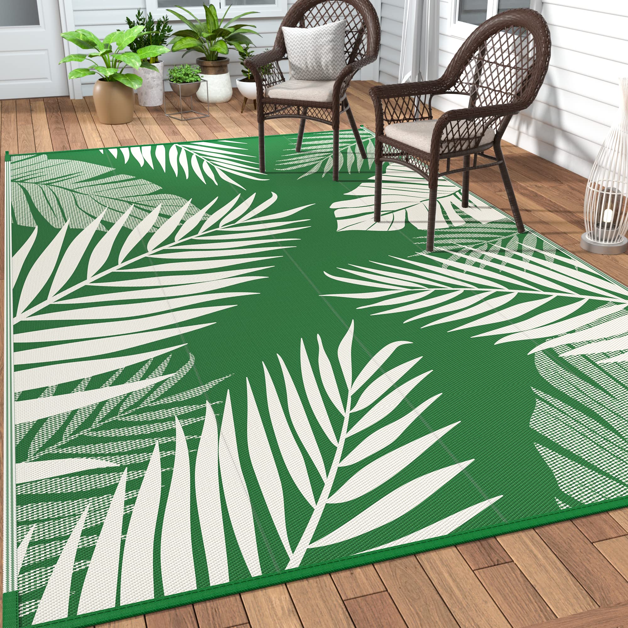 GENIMO outdoor rug 5x8 palm-leaf double-sided design for versatile patio styling.