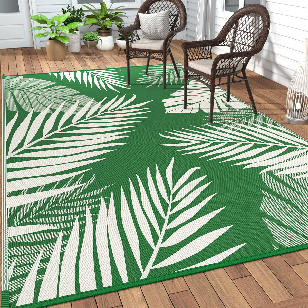 GENIMO outdoor rug 5x8 palm-leaf double-sided design for versatile patio styling.