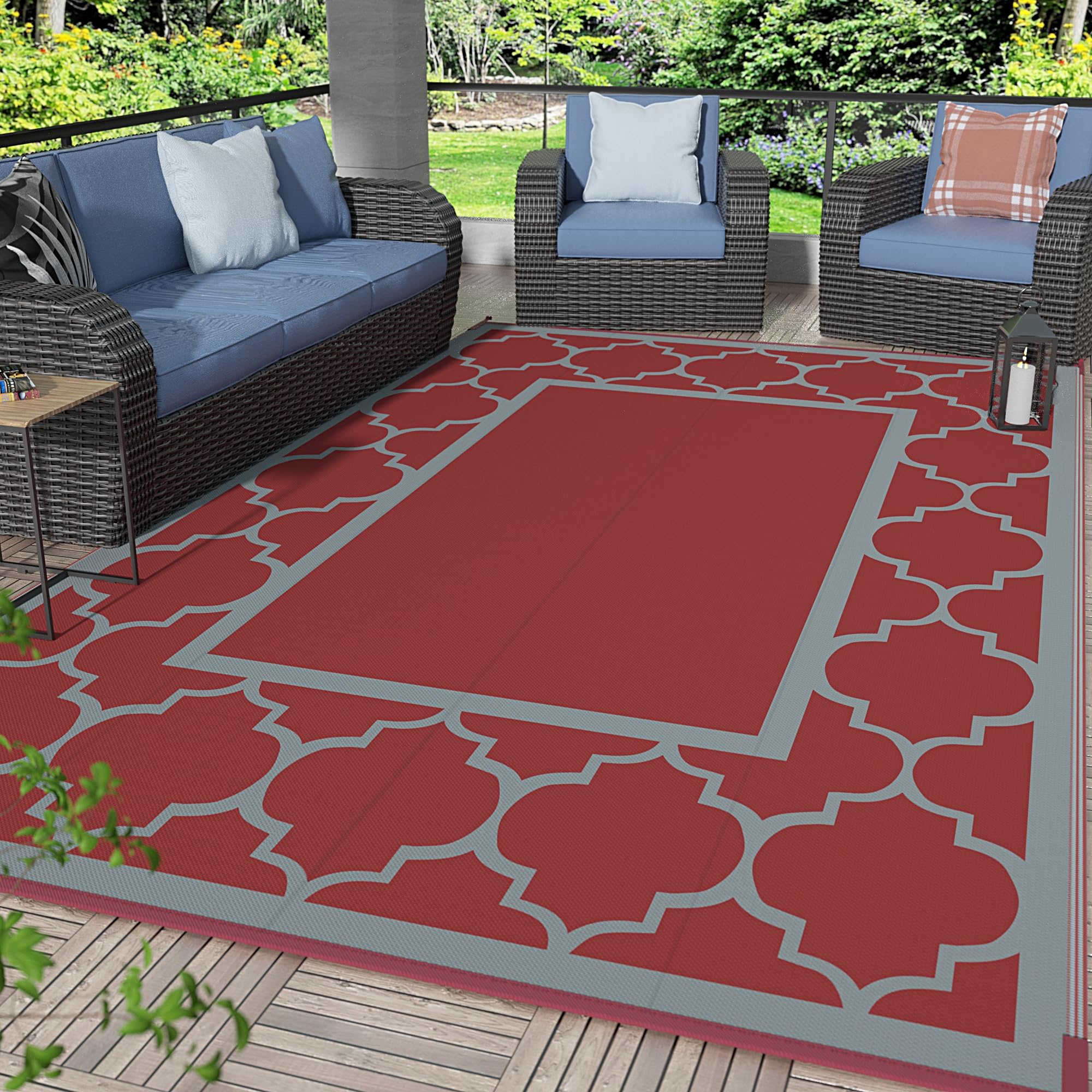 GENIMO 5x8 outdoor rug on patio, red and grey, waterproof and durable.