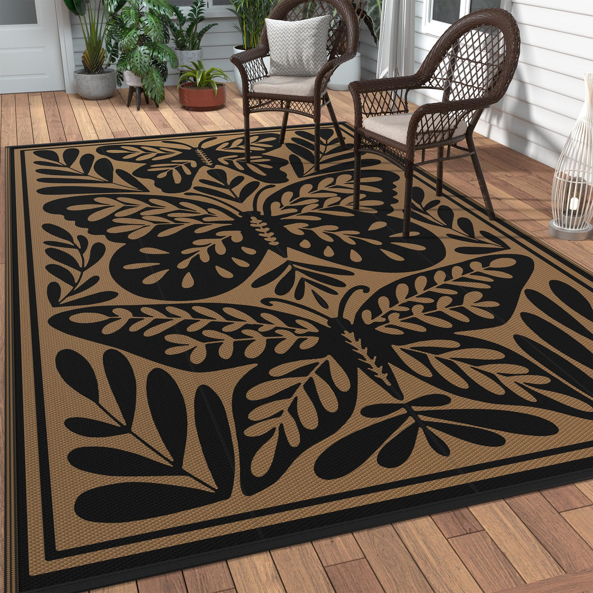 GENIMO outdoor rug 5x8 on patio shows waterproof protection and quick-dry surface.