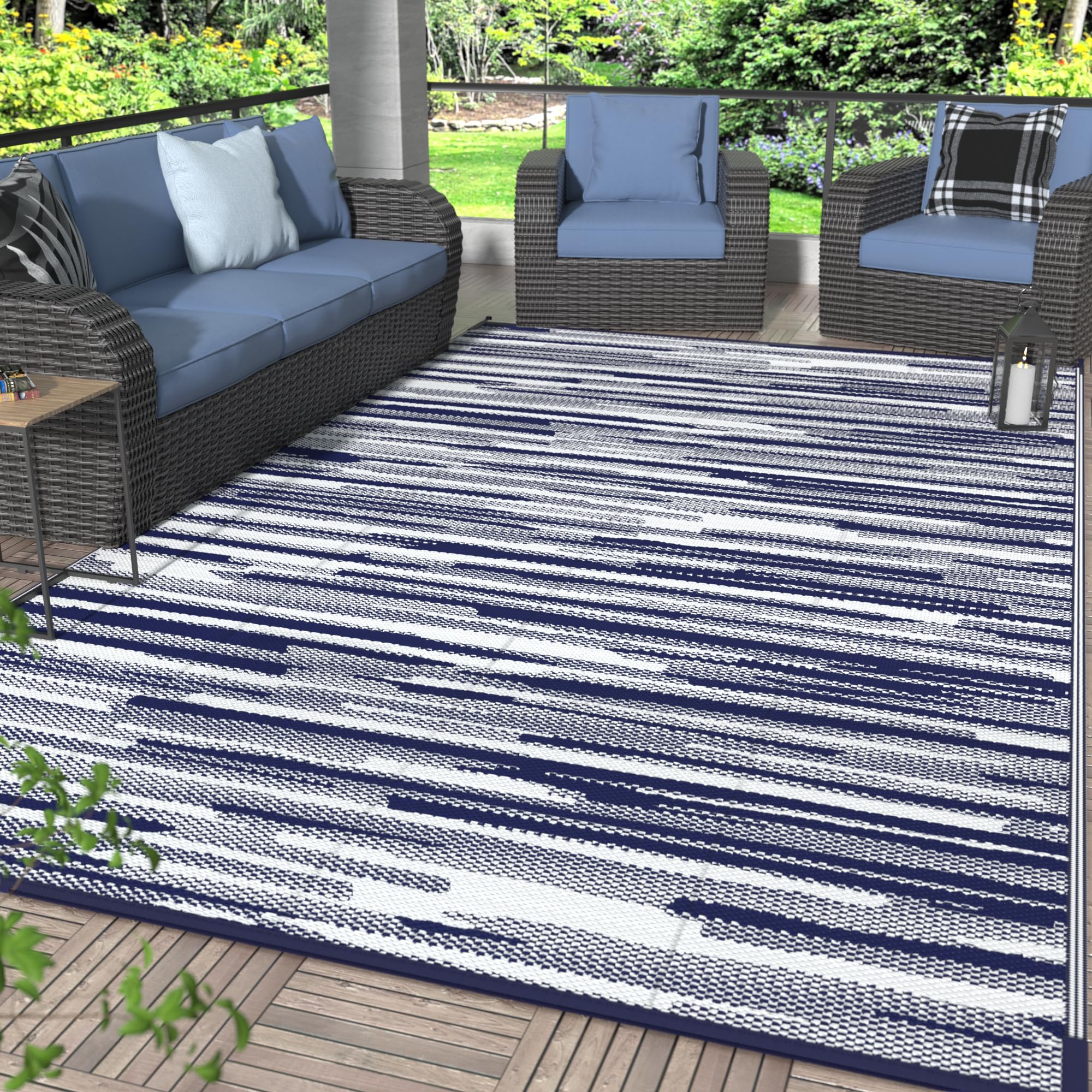 GENIMO outdoor rug 6x9 in blue and white for patios and decks