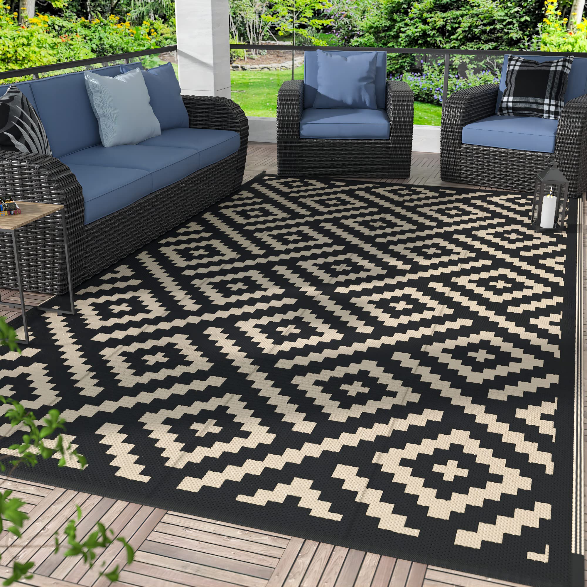 GENIMO outdoor rug 6x9 on patio setup with reversible patterns for versatile decor.