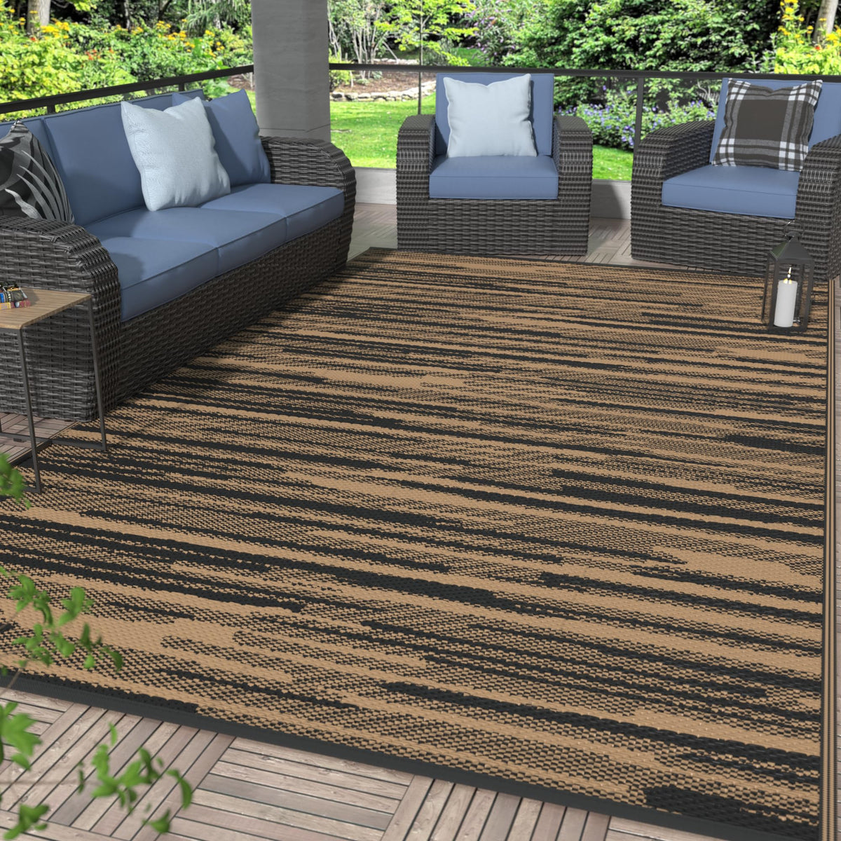 GENIMO outdoor rug 6x9 waterproof patio, black-brown, versatile outdoor space.