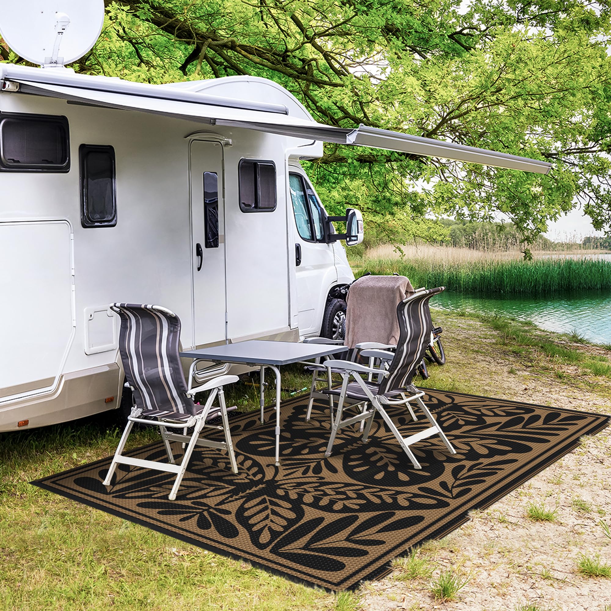 GENIMO outdoor rug in black and brown colorway complements porch and deck.