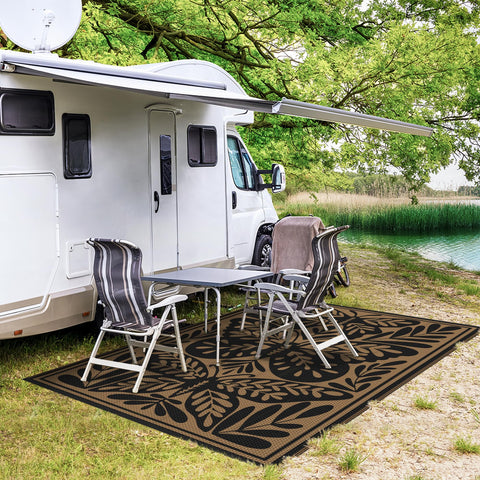 GENIMO outdoor rug in black and brown colorway complements porch and deck.