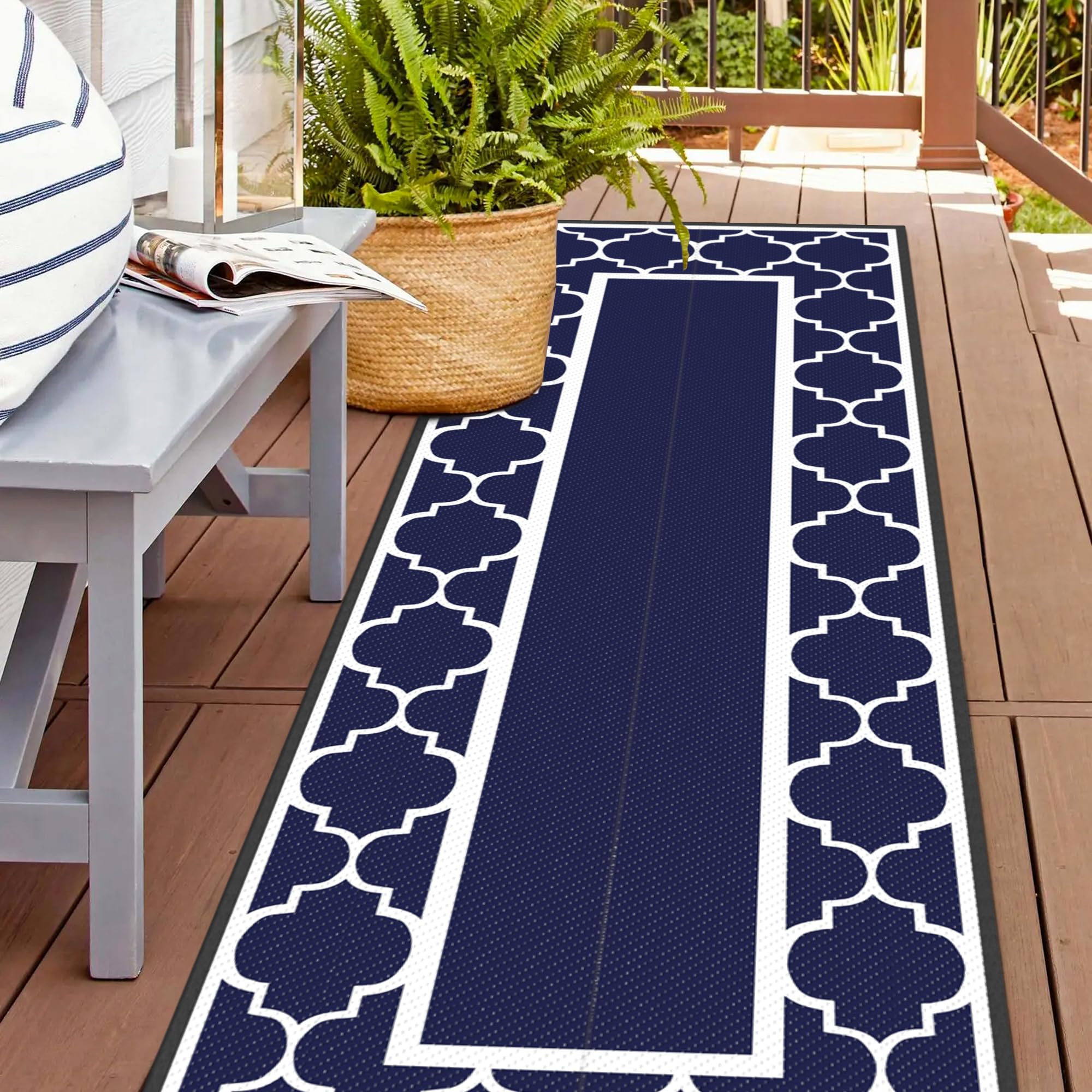 GENIMO outdoor rug in blue and white 2.5x8 layout for patio comfort and easy care