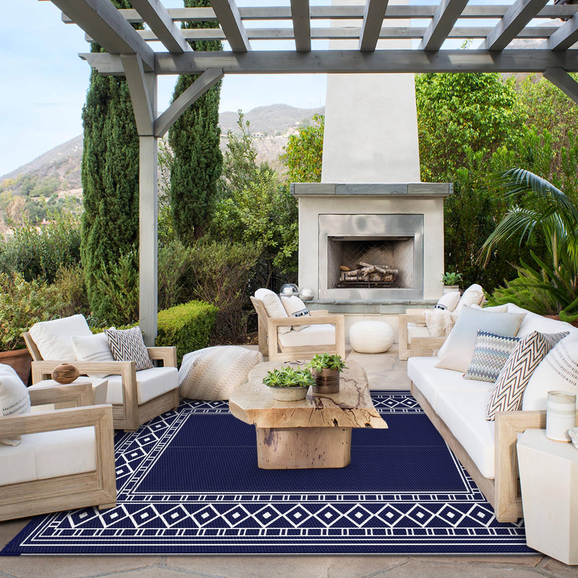 GENIMO blue and white reversible rug pattern for patio or RV exterior