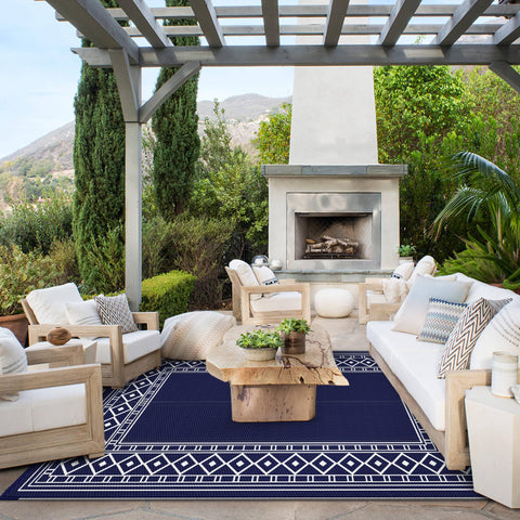 GENIMO blue and white reversible rug pattern for patio or RV exterior