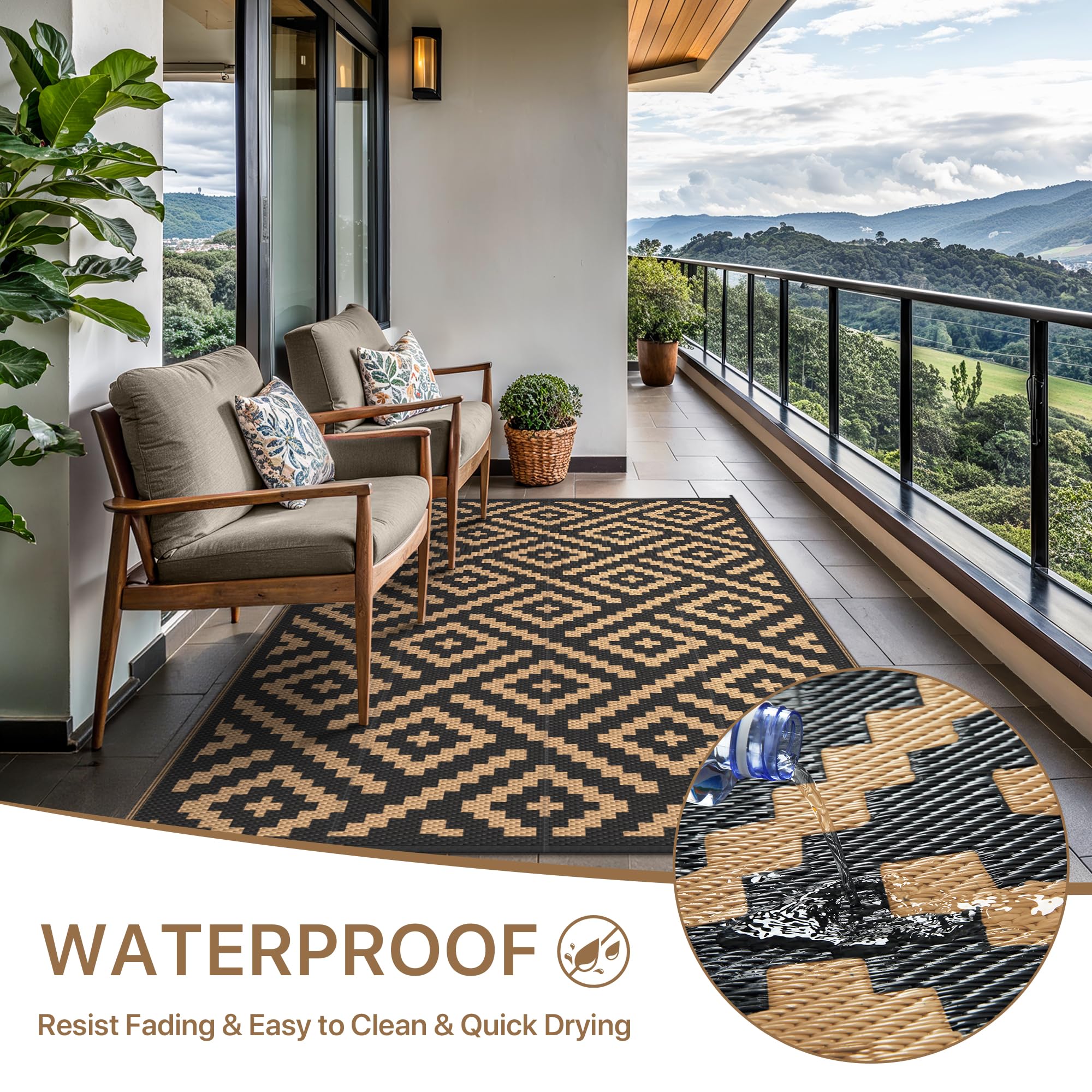 GENIMO outdoor rug highlighting eco-friendly polypropylene material for outdoor use